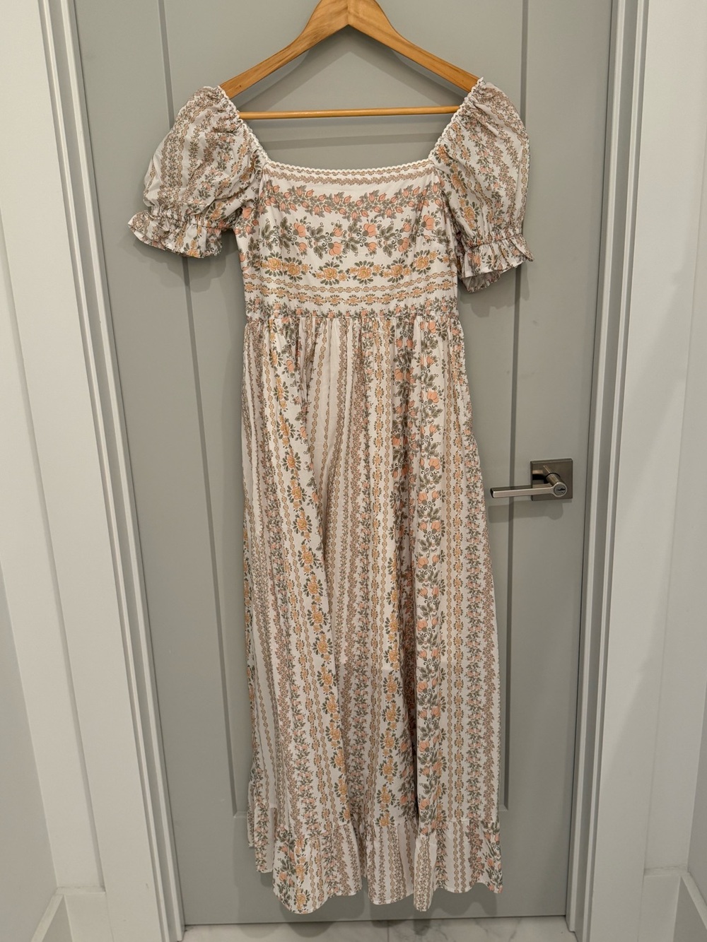Peach Floral Puff Sleeve Maternity Maxi Dress